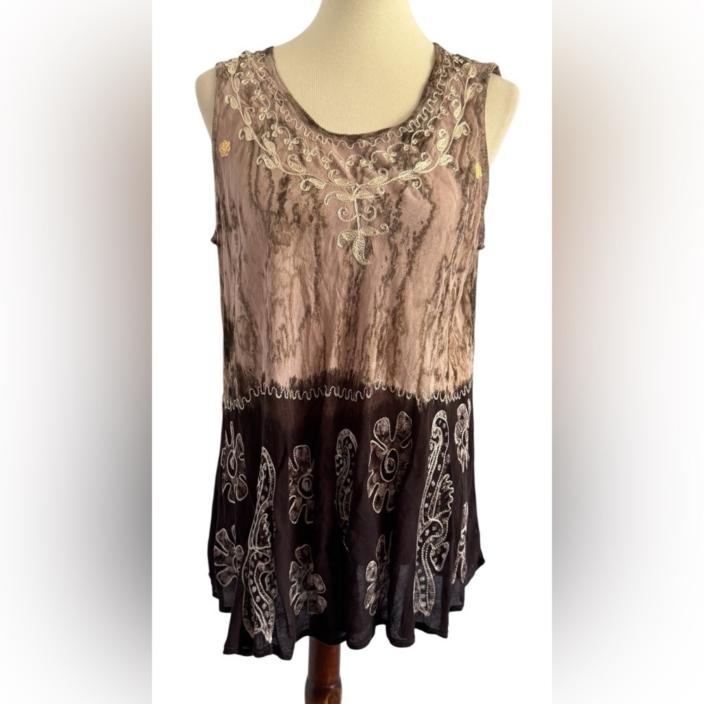 Sacred Thread Brown Tan Floral Embroidery Lightweight Blouse Size Medium OS